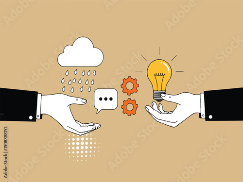 Hands holding business ideas and communication concepts with light bulb cloud and gears  representing innovation and teamwork