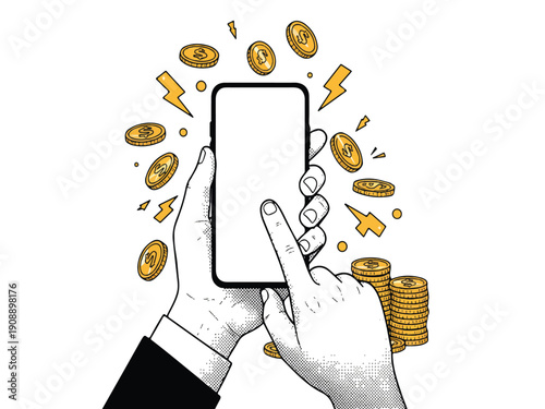 Hands holding a smartphone with coins and lightning bolts floating around it making money online  mobile commerce and financial technology concept
