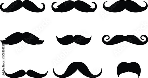 Minimal Mustache Icon set Vector, Classic Gentleman Moustache Symbol, Retro Barber Style Facial Hair Logo Design, Simple Black Line Vintage Hipster Emblem for Grooming Branding transparent background