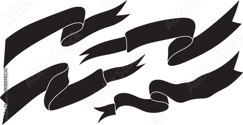 Black ribbons flying in the air on white background