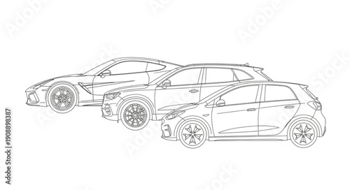 Two modern electric cars shown in a detailed line drawing illustration.