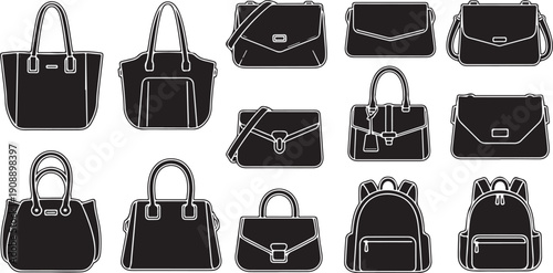 Collection of various black handbags and purses illustration set