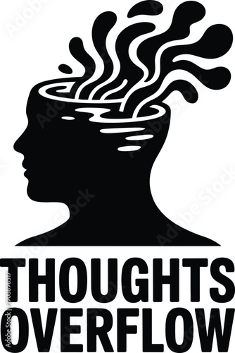 Black and white of a head with overflowing thoughts depicted as steam or smoke profile