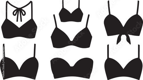 Collection of various black bra silhouettes on white background