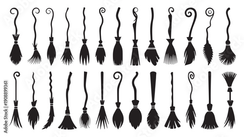 Collection of Spooky Witch Brooms in Silhouette Style for Halloween Graphic Design Elements