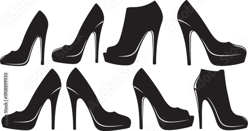 Collection of high-heeled shoes in black silhouette style