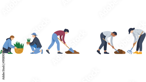 Gardener people working in the garden with various tools illustration