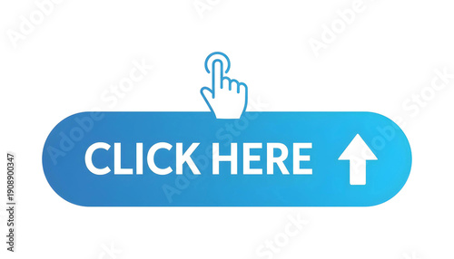 Blue click here button icon with a hand pointer and an arrow isolated on a white background.