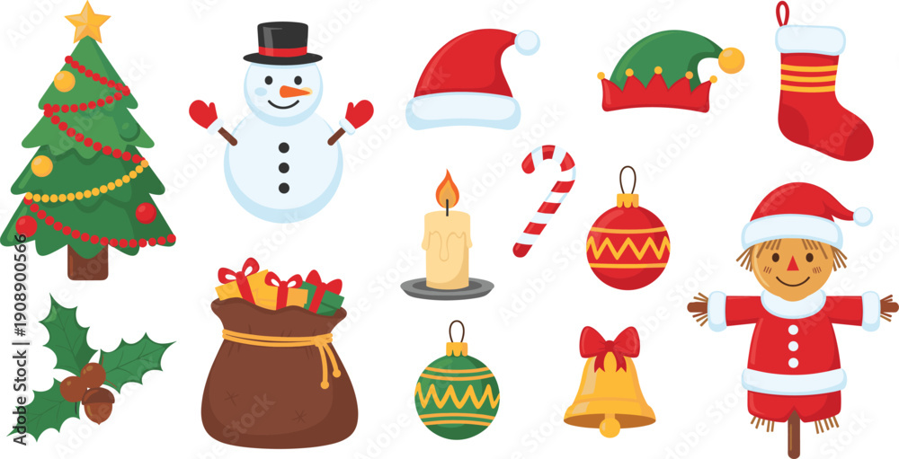 Fototapeta premium Christmas holiday icons set featuring decorated tree, snowman, Santa hat, stocking, candy cane, ornaments, candle, gift bag, and festive decorations