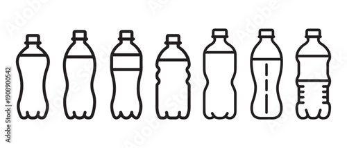 Plastic Water Bottles Icons Line Art Illustration Different Shapes and Sizes Collection.