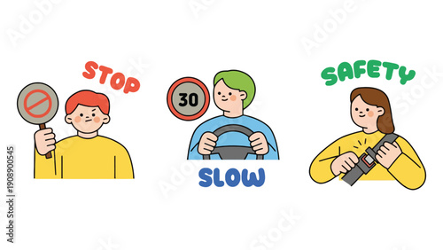 Road safety icons with cartoon people holding signs and driving slowly
