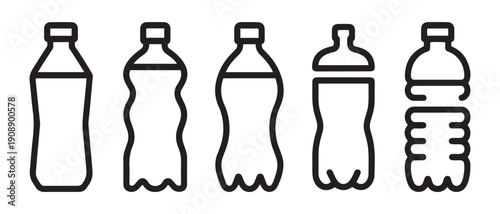 Collection of Diverse Plastic Bottle Icons with Varied Shapes and Designs, Vector Illustration.