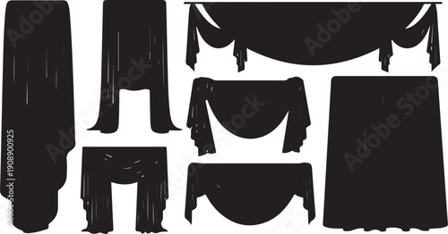 Collection of various black curtain and drapery silhouettes isolated