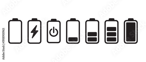 Battery Level Icons Set. Empty, Charging, Power Off, Low, Medium, High, Full Charge Indicators.