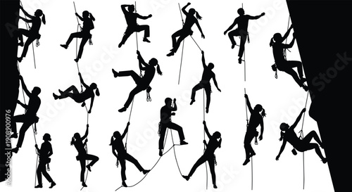 Rock climbing silhouettes set, climbers rappelling and ascending ropes, extreme sport action poses, adventure outdoor activity, isolated white background, vector