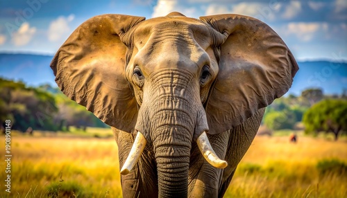 A large elephant stands in a savannah