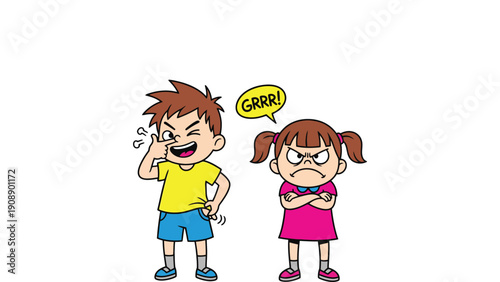 Children cartoon illustration of a boy teasing a little girl