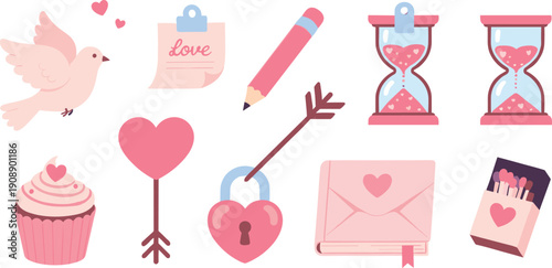 Valentine love and romance icons set featuring hearts, dove, love letter, cupcake, arrow, hourglass, pencil, and sweet relationship symbols