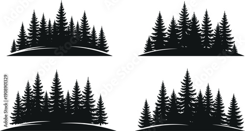 Black pine forest silhouettes set, evergreen trees landscape isolated on white background vector illustration for nature design projects