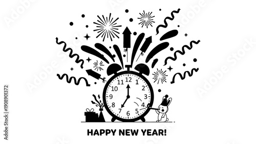 Alarm clock vector illustration with colorful fireworks and confetti celebrating New Year
