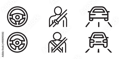 Car Safety Icons. Steering Wheel, Seatbelt, and Driving Icons for Road Safety and Transportation Awareness.