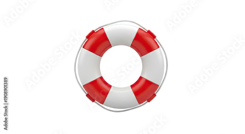 Red and white lifebuoy with rope on a white background