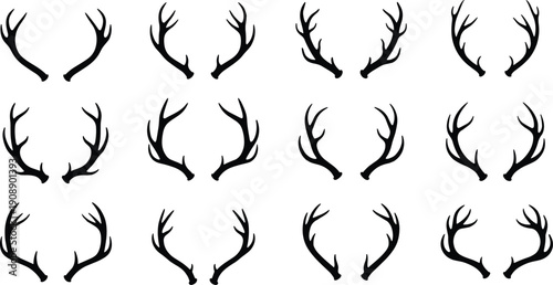 Deer antler silhouettes illustration set, minimalist horn designs collection, wildlife decorative elements, hunting trophy icons, isolated white background, vector art