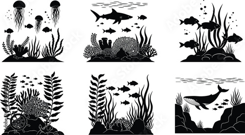 Underwater ocean silhouettes illustration set, marine life scenes collection, sea animals coral plants, aquatic ecosystem design, isolated white background, vector