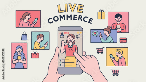 Smartphone displays live commerce platform with people shopping online
