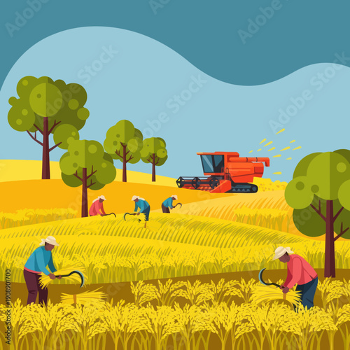 Farmers Harvesting Wheat in a Field.