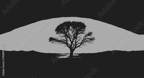 Tree Silhouette against Gray Sky on Black Landscape