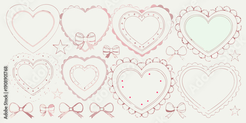 Collection of hand drawn hearts with bows and decorative frames