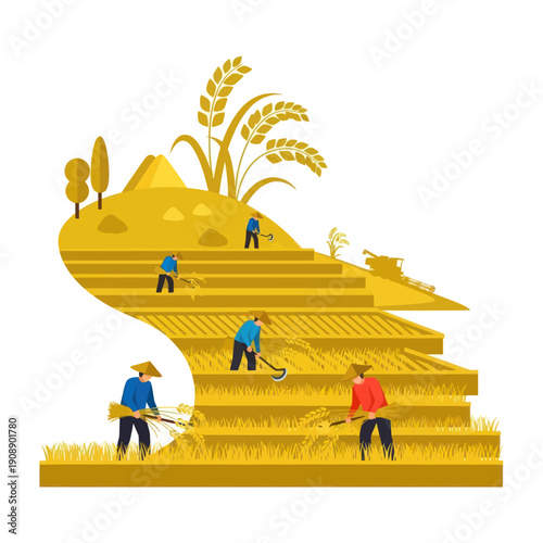 Farmers Working on Terraced Rice Field.