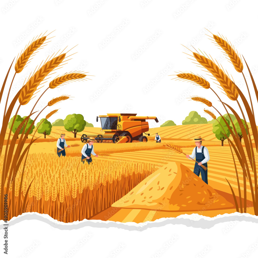 Ταπετσαρία Farmers Harvesting Wheat with Combine Harvester.