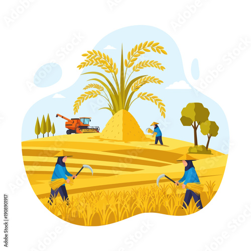 Farmers harvesting wheat in a field.