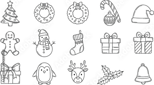 Christmas outline icons set featuring tree, wreath, snowman, gifts, stocking, candy cane, reindeer, penguin, holly, and festive decorations