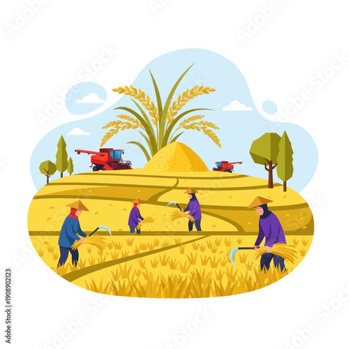 Farmers Harvesting Crops in Golden Field.