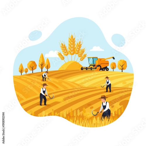 Farmers Harvesting Crops in Golden Field.