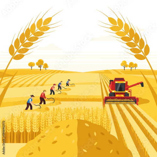 Farmers Harvesting Crops with Machinery.