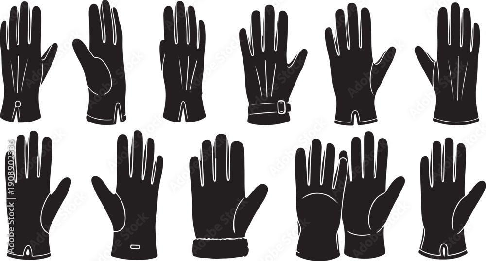 Fototapeta premium Collection of black gloves in various positions and styles