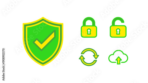 An icon set representing digital security, data protection, and system safety concepts.