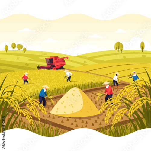 Farmers Harvesting Crops with Machinery.