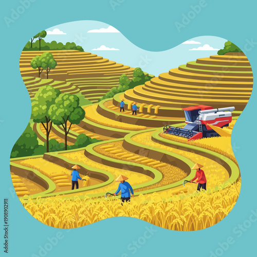 Farmers Working in Terraced Wheat Fields.