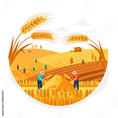 Farmers Harvesting Wheat in Golden Field.