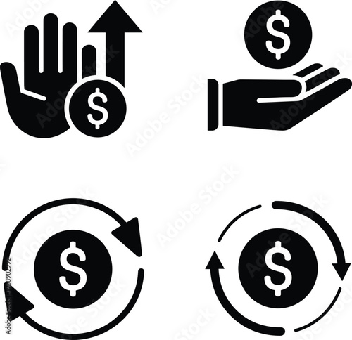 Vector illustration of financial icon collection—symbols for money growth, currency exchange, cash flow cycle, investment returns, payment process, and economic transaction representation