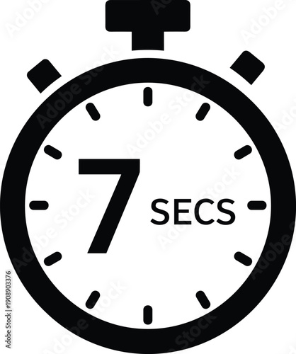 Black and white stopwatch icon showing seven seconds countdown, stylized timer design for exercise, cooking, testing, urgency, productivity tasks
