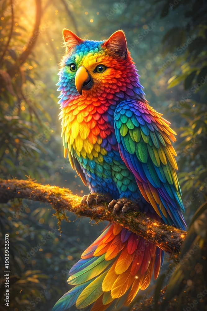 Obraz premium Colorful Fantasy Bird with Vibrant Feathers Perched in a Lush Forest Surrounded by Nature's Beauty and Soft Glowing Light