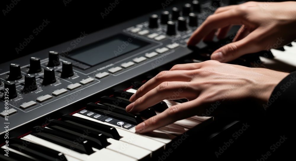 Obraz premium Musician's hands playing electronic synthesizer keyboard in a dark studio setting, creating music