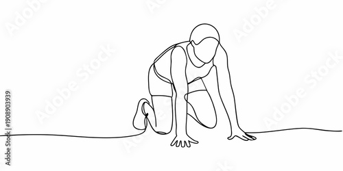 A continuous line drawing depicting a runner in a starting position