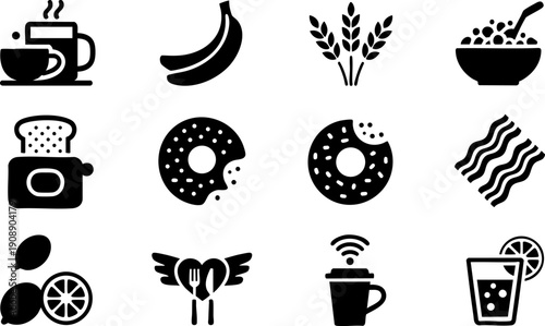 Cafe and Breakfast Icon Set – Coffee, Donut, Bread and Morning Food Symbols